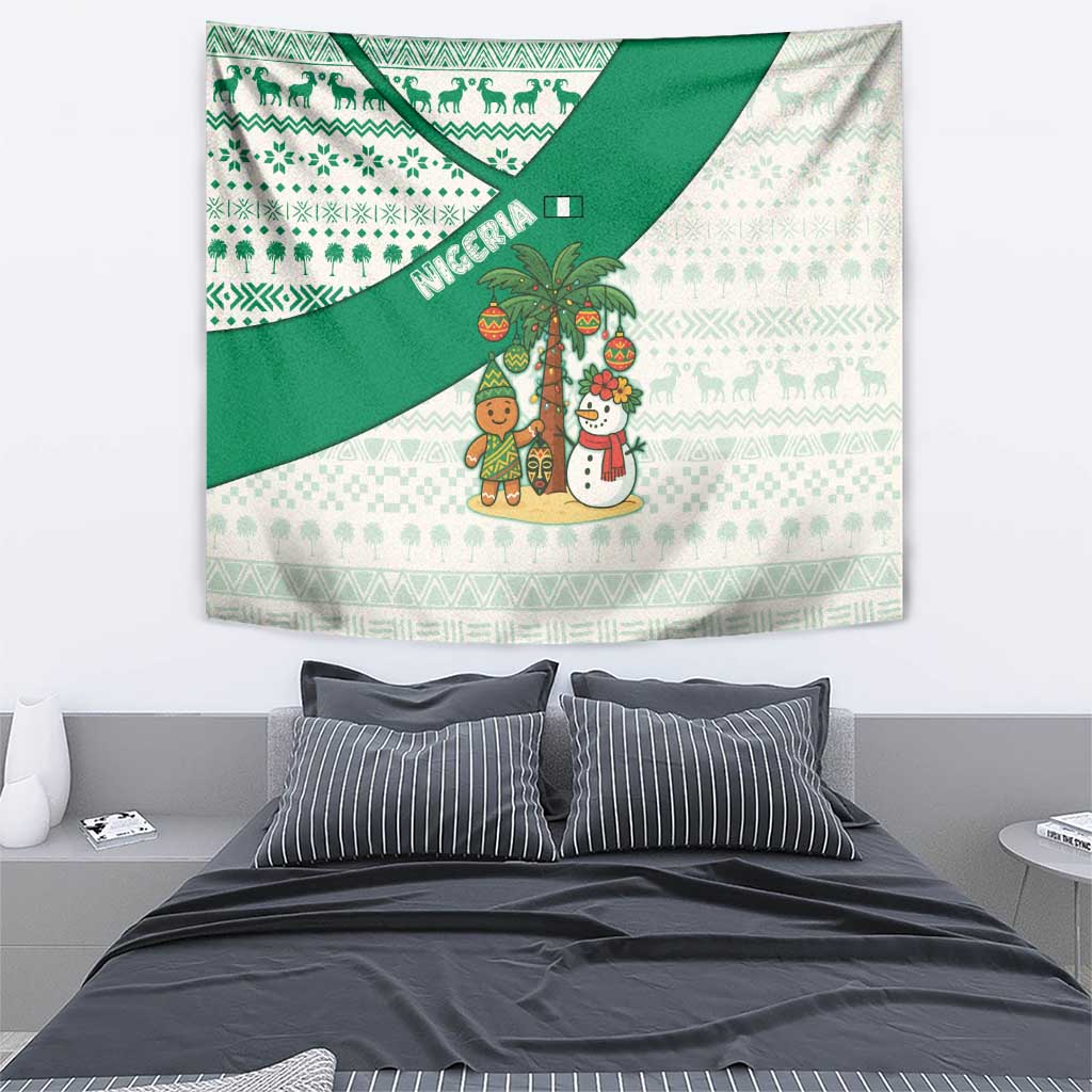 Nigeria Christmas Tapestry with Gingerbread Snowman Palm Tree and Tribal Mask Design - Wonder Print Shop
