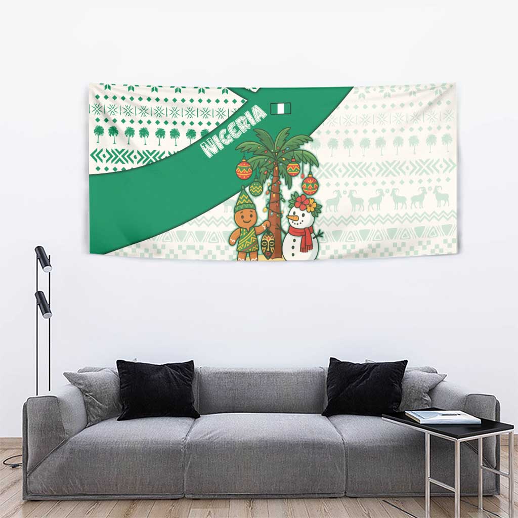 Nigeria Christmas Tapestry with Gingerbread Snowman Palm Tree and Tribal Mask Design - Wonder Print Shop