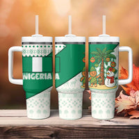 Nigeria Christmas Tumbler With Handle with Gingerbread Snowman Palm Tree and Tribal Mask Design - Wonder Print Shop