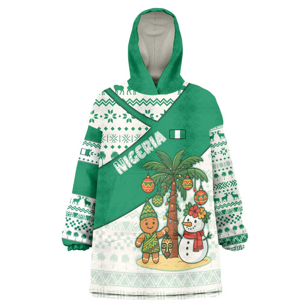 Nigeria Christmas Wearable Blanket Hoodie with Gingerbread Snowman Palm Tree and Tribal Mask Design - Wonder Print Shop