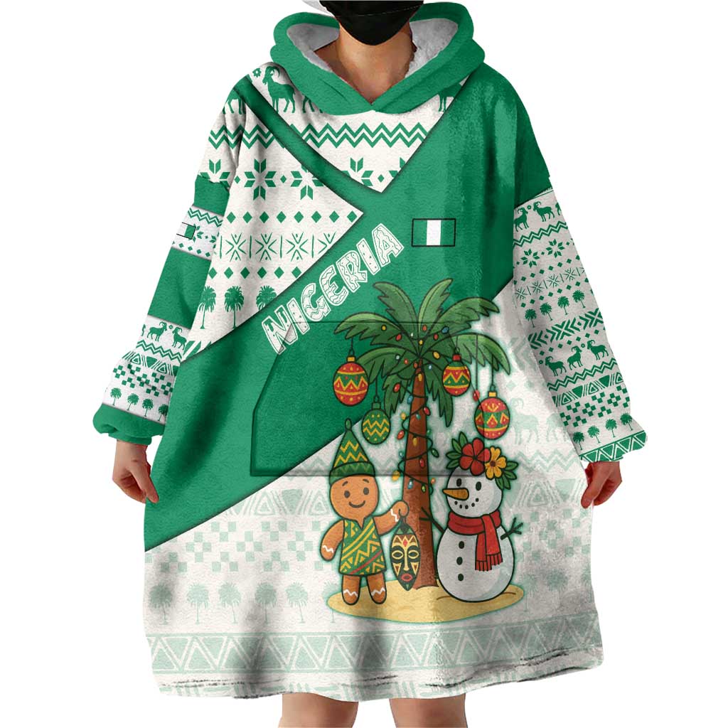 Nigeria Christmas Wearable Blanket Hoodie with Gingerbread Snowman Palm Tree and Tribal Mask Design - Wonder Print Shop