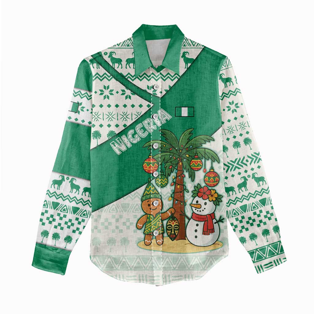 Nigeria Christmas Women Casual Shirt with Gingerbread Snowman Palm Tree and Tribal Mask Design - Wonder Print Shop