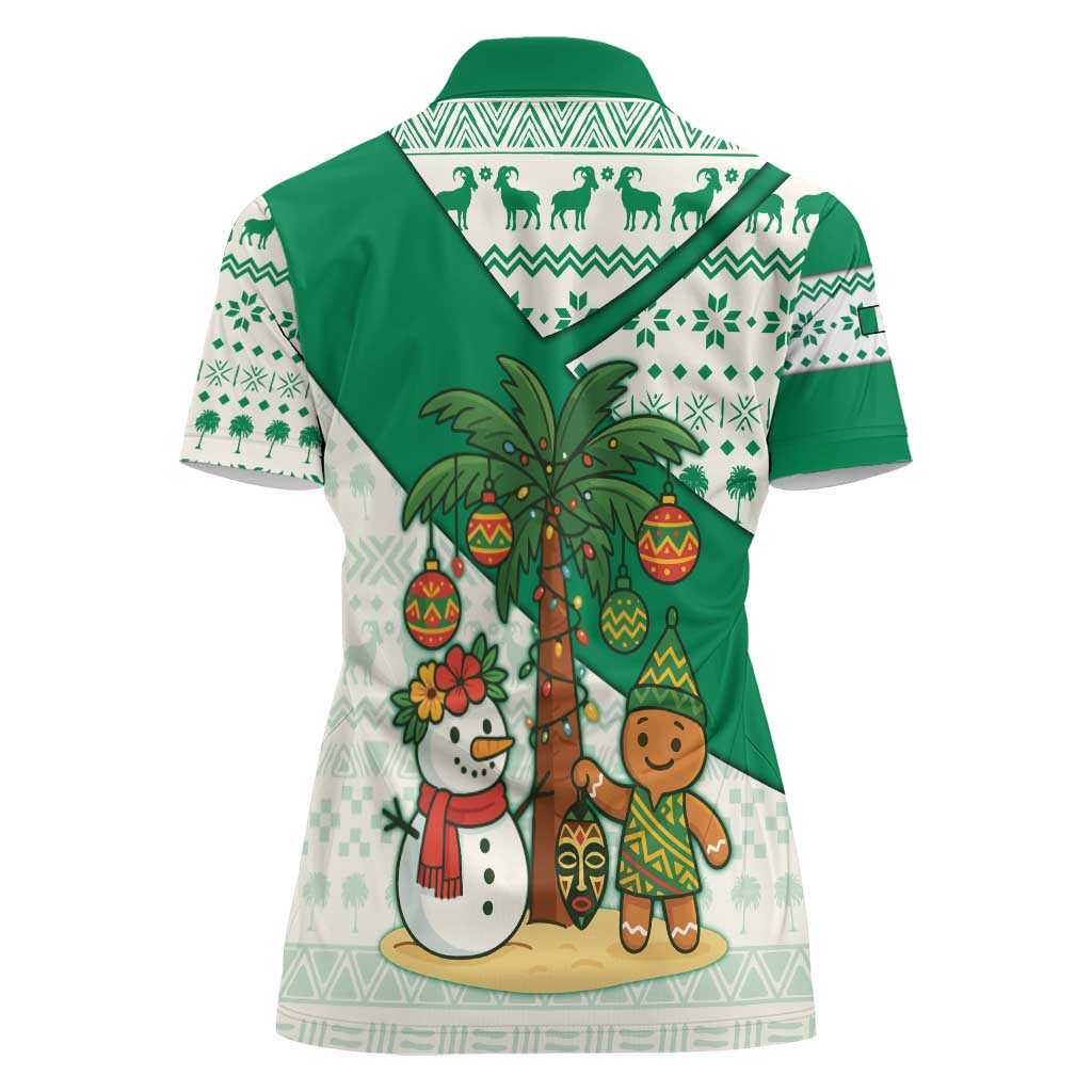 Nigeria Christmas Women Polo Shirt with Gingerbread Snowman Palm Tree and Tribal Mask Design - Wonder Print Shop