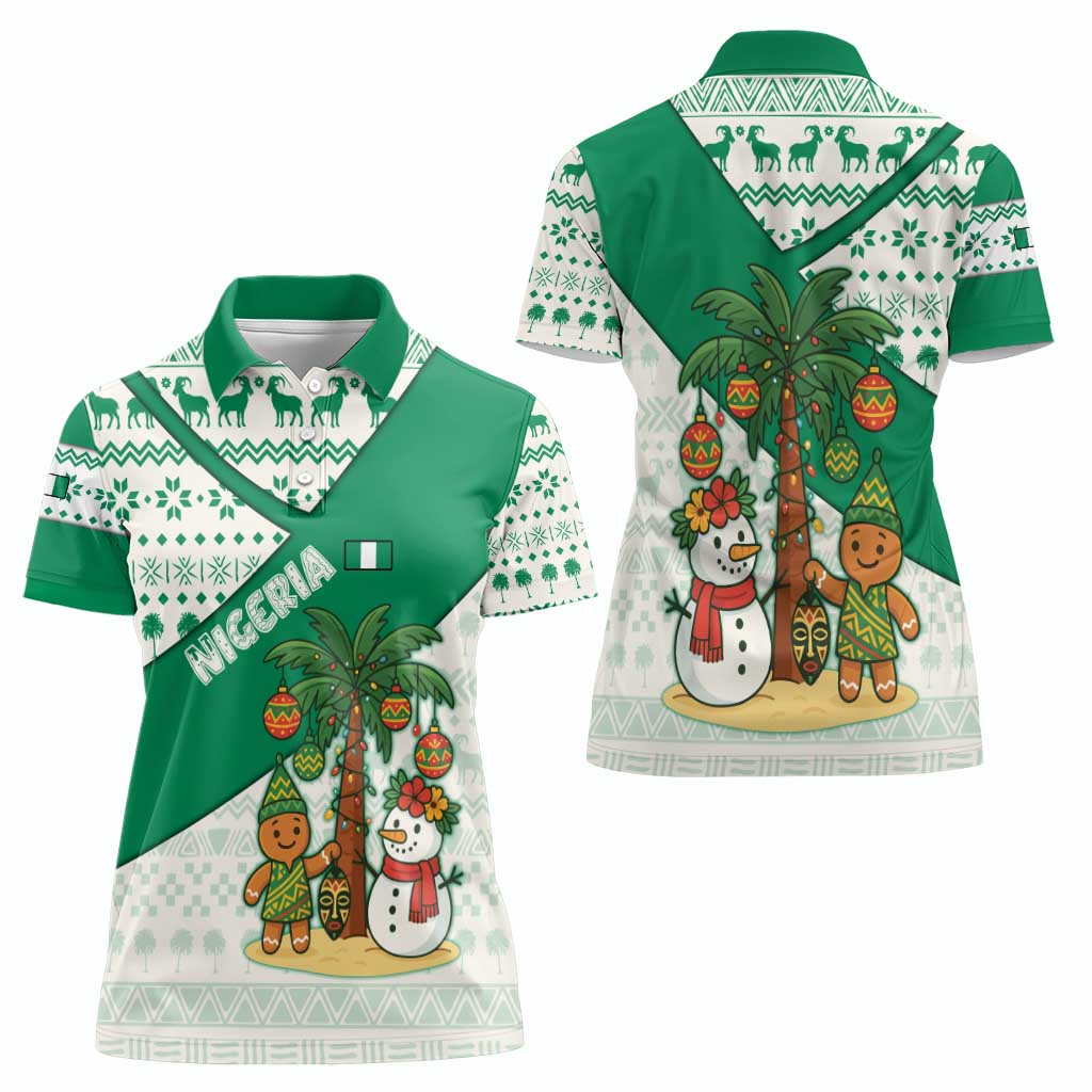 Nigeria Christmas Women Polo Shirt with Gingerbread Snowman Palm Tree and Tribal Mask Design - Wonder Print Shop