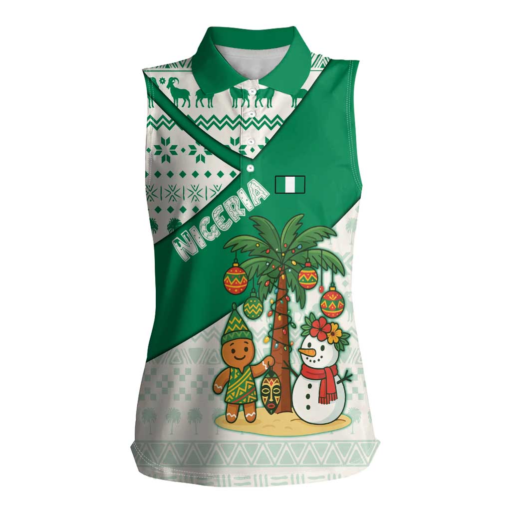 Nigeria Christmas Women Sleeveless Polo Shirt with Gingerbread Snowman Palm Tree and Tribal Mask Design - Wonder Print Shop