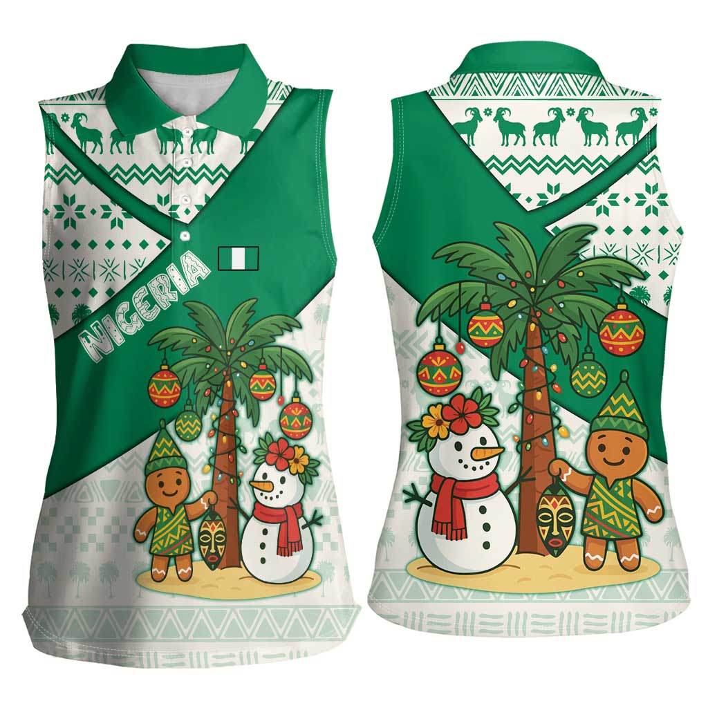 Nigeria Christmas Women Sleeveless Polo Shirt with Gingerbread Snowman Palm Tree and Tribal Mask Design - Wonder Print Shop