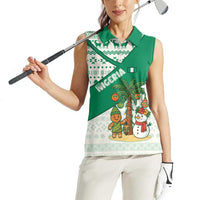 Nigeria Christmas Women Sleeveless Polo Shirt with Gingerbread Snowman Palm Tree and Tribal Mask Design - Wonder Print Shop