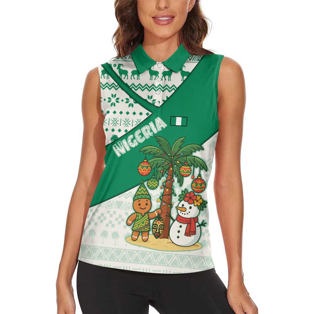 Nigeria Christmas Women Sleeveless Polo Shirt with Gingerbread Snowman Palm Tree and Tribal Mask Design - Wonder Print Shop