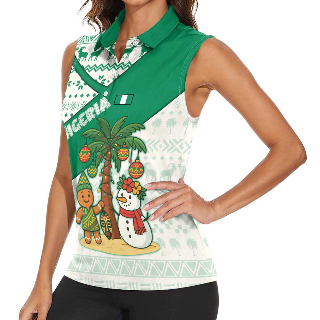 Nigeria Christmas Women Sleeveless Polo Shirt with Gingerbread Snowman Palm Tree and Tribal Mask Design - Wonder Print Shop