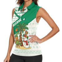 Nigeria Christmas Women Sleeveless Polo Shirt with Gingerbread Snowman Palm Tree and Tribal Mask Design - Wonder Print Shop