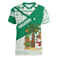 Nigeria Christmas Women V-Neck T-Shirt with Gingerbread Snowman Palm Tree and Tribal Mask Design - Wonder Print Shop