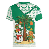 Nigeria Christmas Women V-Neck T-Shirt with Gingerbread Snowman Palm Tree and Tribal Mask Design - Wonder Print Shop