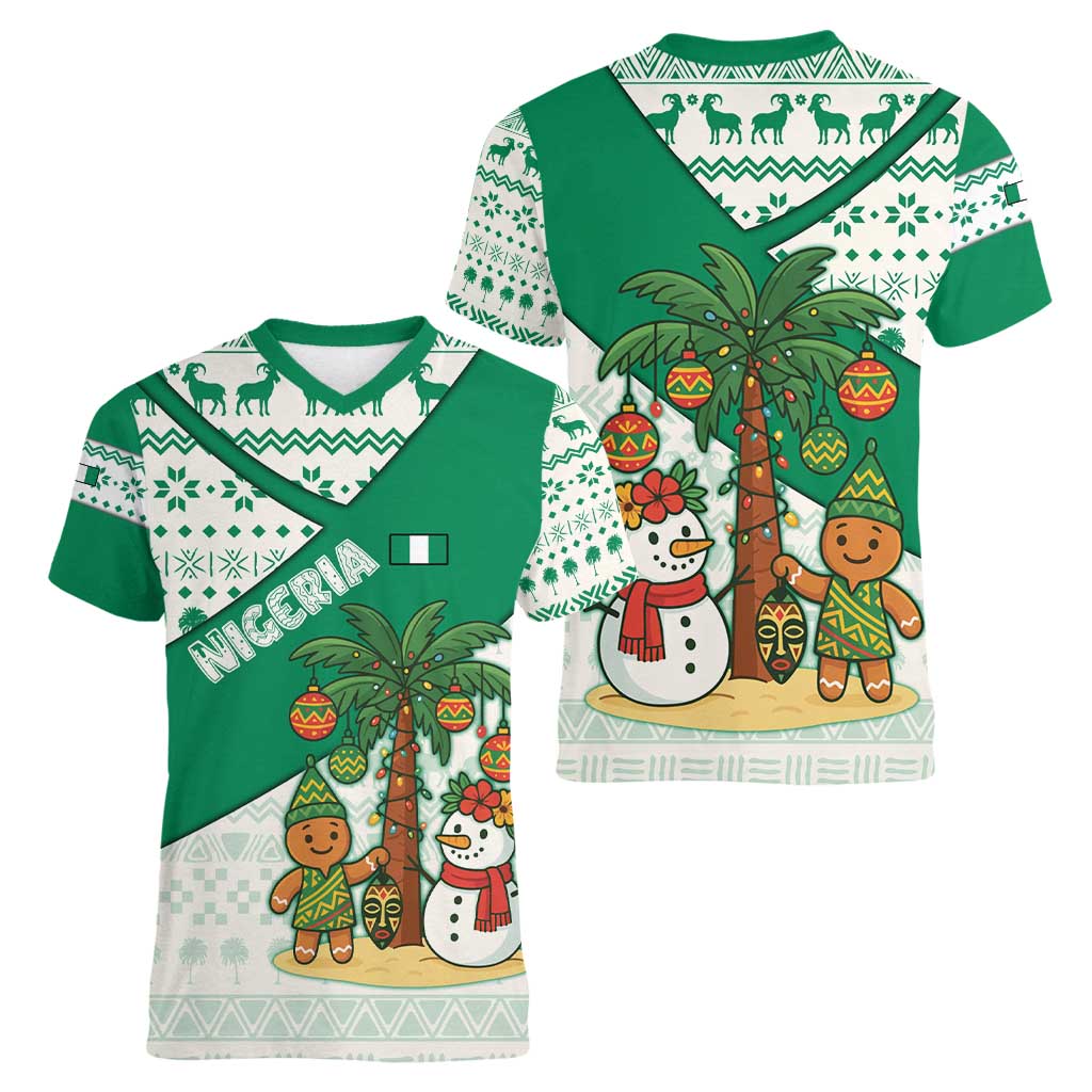 Nigeria Christmas Women V-Neck T-Shirt with Gingerbread Snowman Palm Tree and Tribal Mask Design - Wonder Print Shop