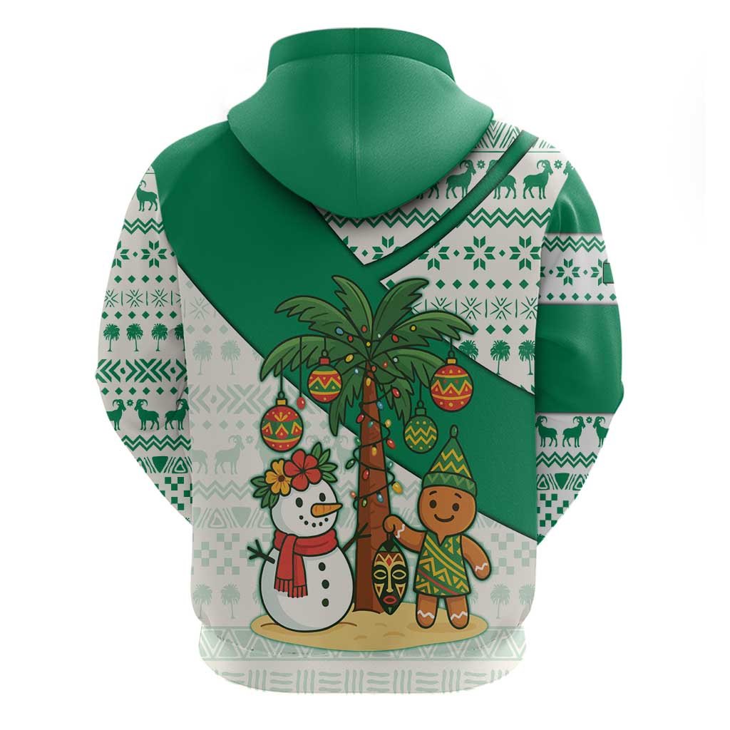 Nigeria Christmas Zip Hoodie with Gingerbread Snowman Palm Tree and Tribal Mask Design - Wonder Print Shop