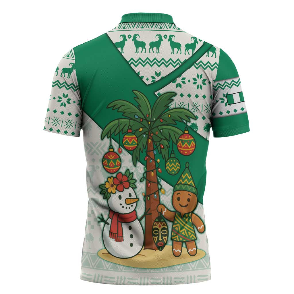 Nigeria Christmas Zipper Polo Shirt with Gingerbread Snowman Palm Tree and Tribal Mask Design - Wonder Print Shop