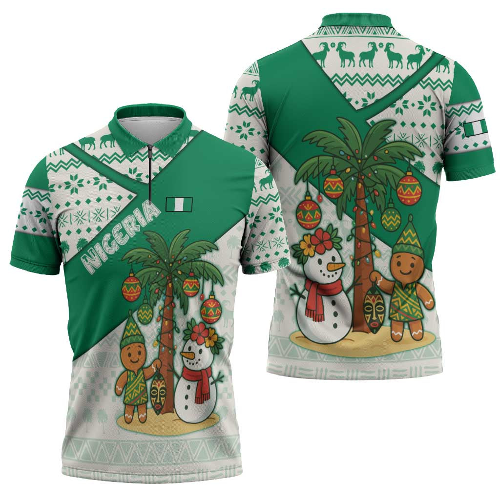 Nigeria Christmas Zipper Polo Shirt with Gingerbread Snowman Palm Tree and Tribal Mask Design - Wonder Print Shop