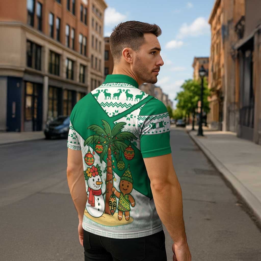 Nigeria Christmas Zipper Polo Shirt with Gingerbread Snowman Palm Tree and Tribal Mask Design - Wonder Print Shop