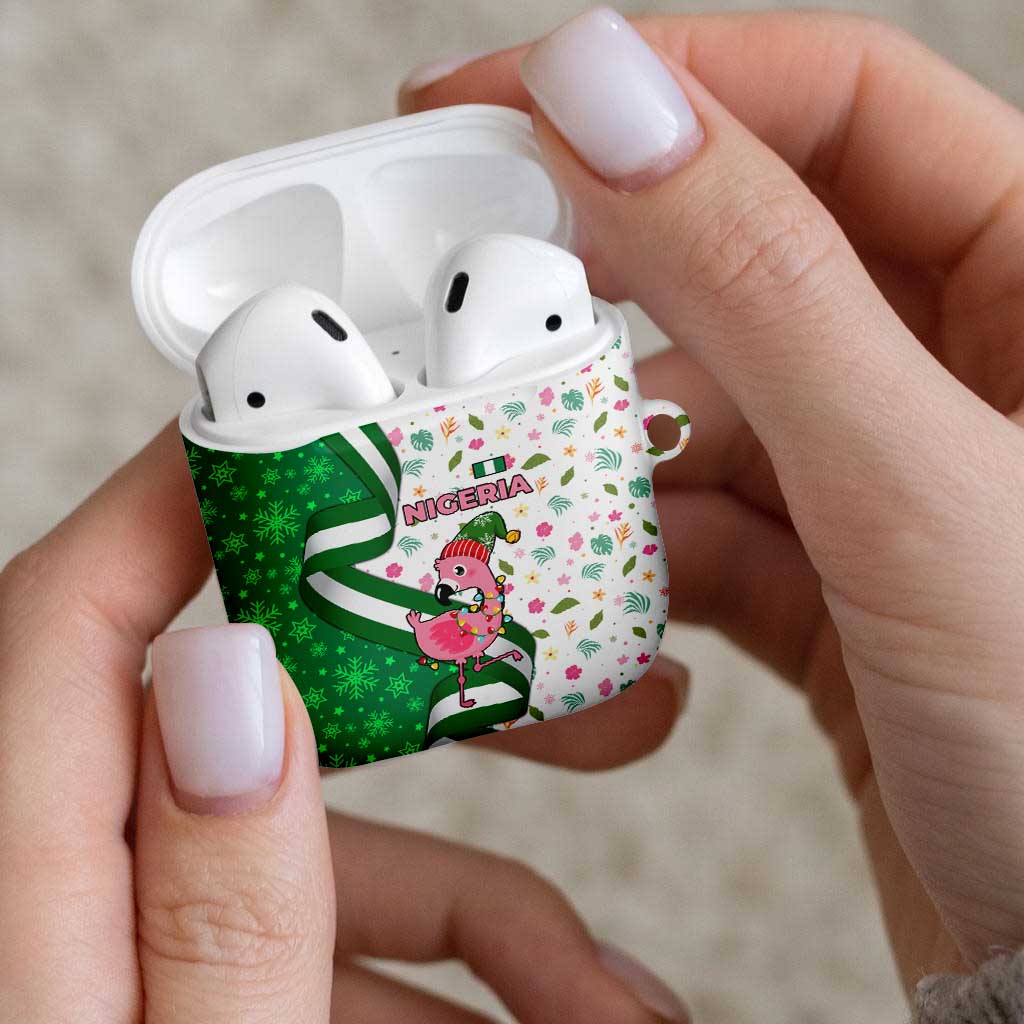 Nigeria Christmas AirPods Case with Pink Flamingo Tropical Leaves and Festive Lights Design - Wonder Print Shop
