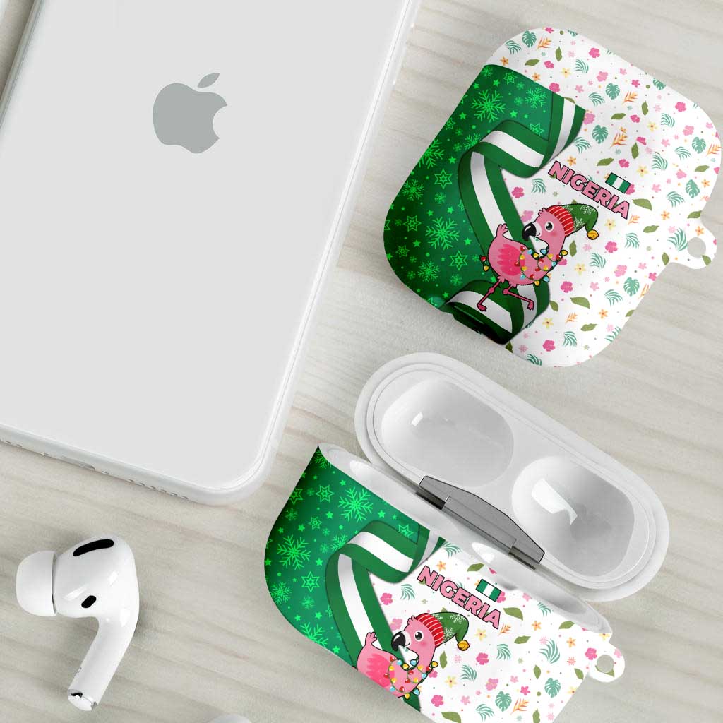 Nigeria Christmas AirPods Case with Pink Flamingo Tropical Leaves and Festive Lights Design - Wonder Print Shop