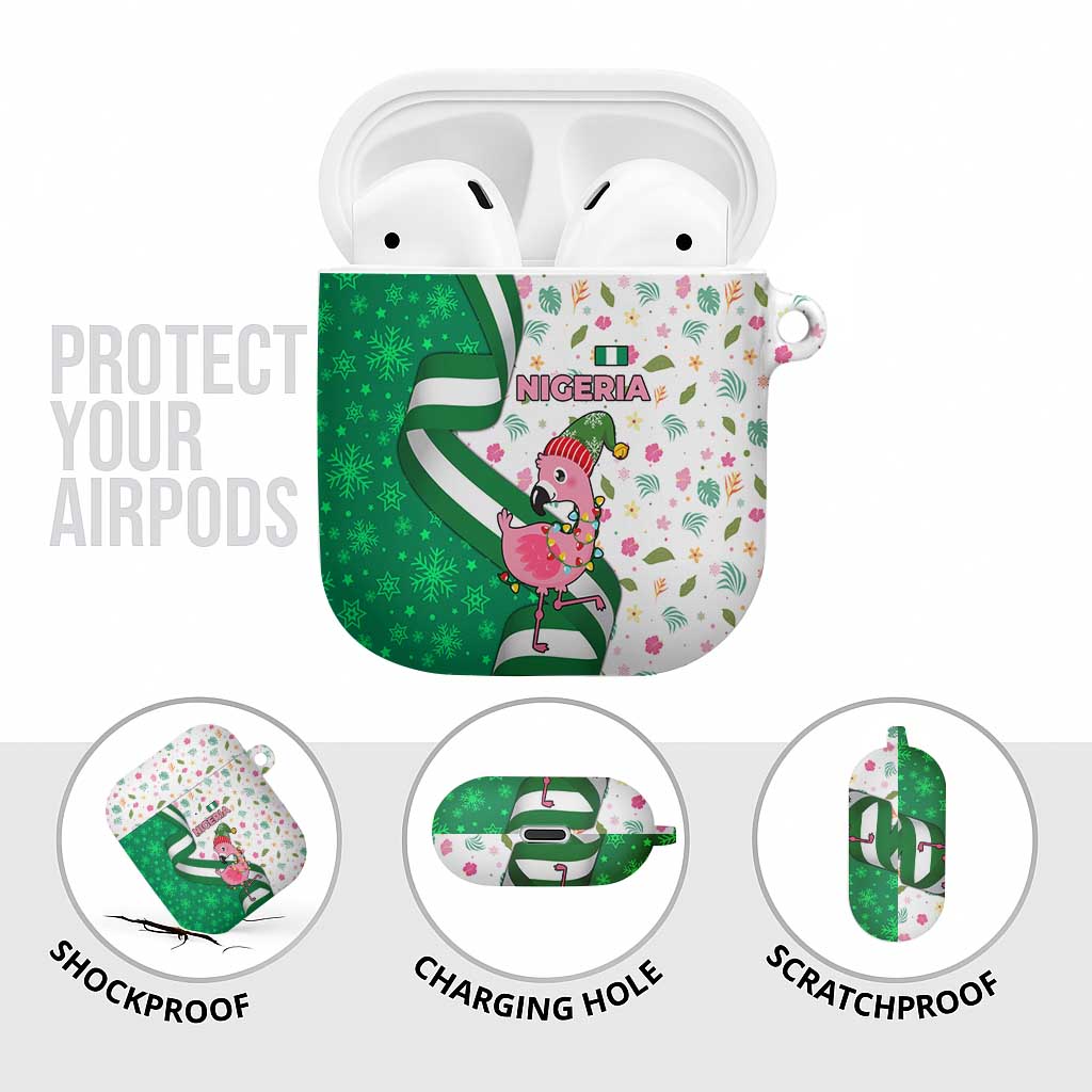 Nigeria Christmas AirPods Case with Pink Flamingo Tropical Leaves and Festive Lights Design - Wonder Print Shop