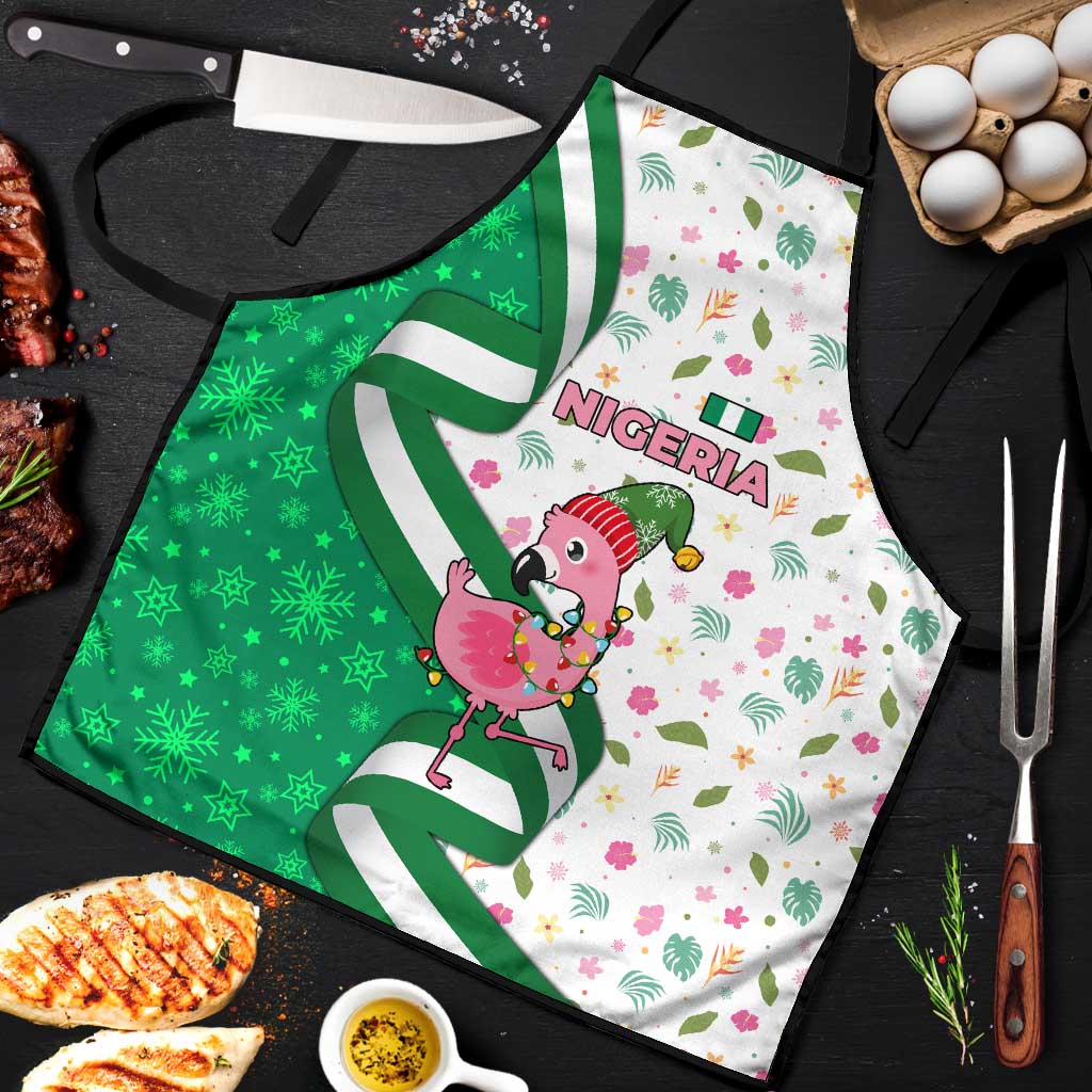 Nigeria Christmas Apron with Pink Flamingo Tropical Leaves and Festive Lights Design - Wonder Print Shop