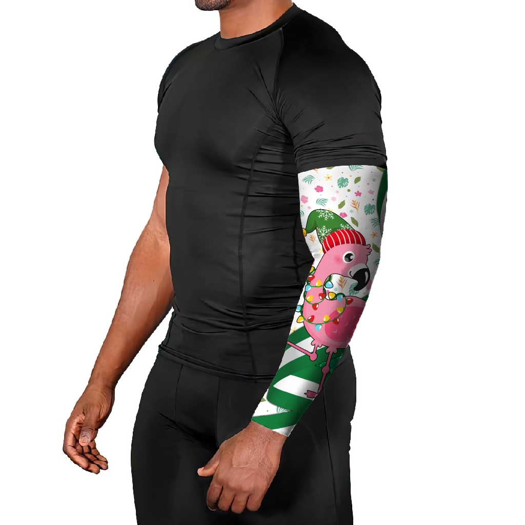 Nigeria Christmas Arm Sleeves with Pink Flamingo Tropical Leaves and Festive Lights Design - Wonder Print Shop