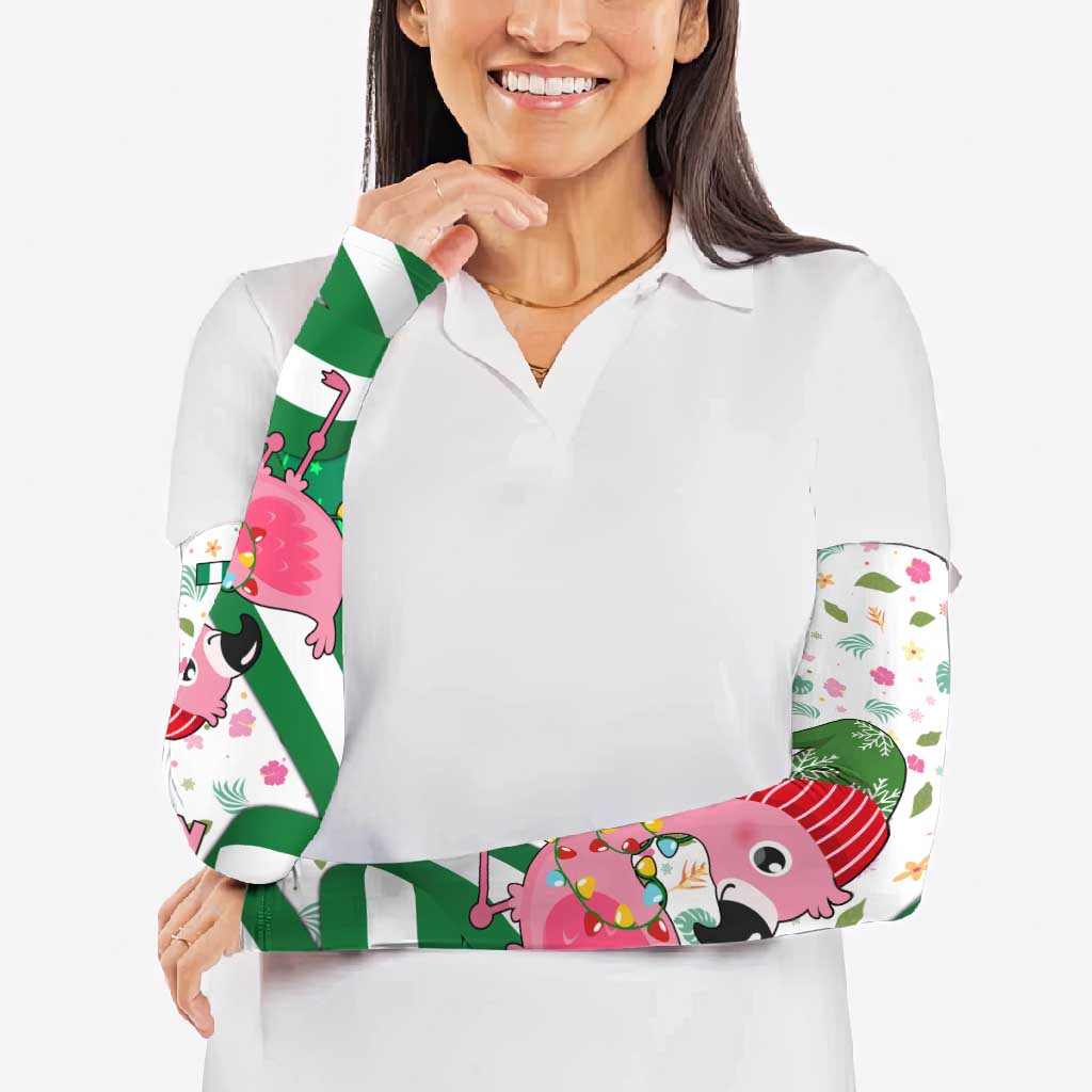 Nigeria Christmas Arm Sleeves with Pink Flamingo Tropical Leaves and Festive Lights Design - Wonder Print Shop