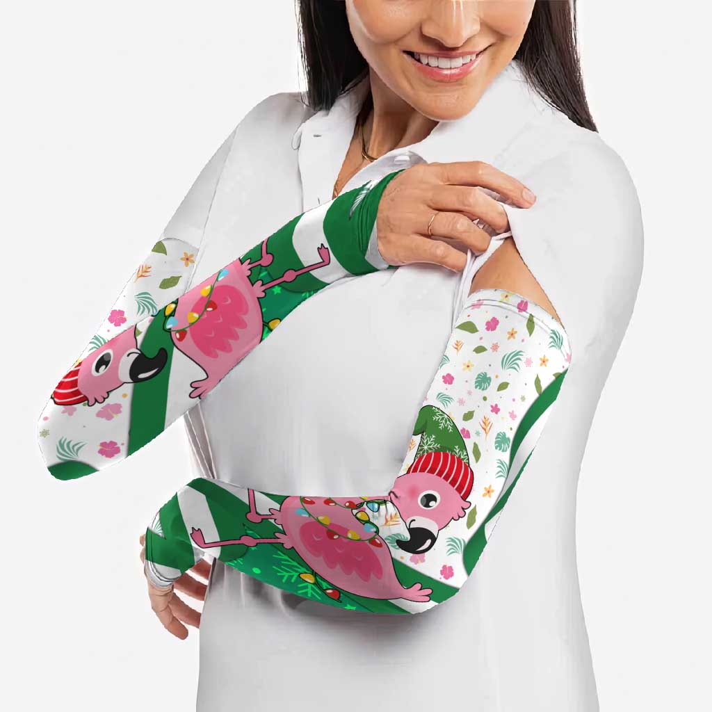 Nigeria Christmas Arm Sleeves with Pink Flamingo Tropical Leaves and Festive Lights Design - Wonder Print Shop