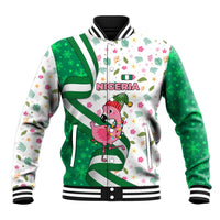 Nigeria Christmas Baseball Jacket with Pink Flamingo Tropical Leaves and Festive Lights Design - Wonder Print Shop