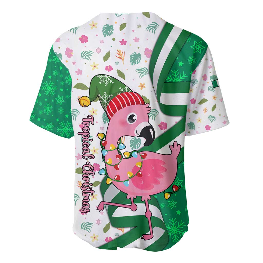 Nigeria Christmas Baseball Jersey with Pink Flamingo Tropical Leaves and Festive Lights Design - Wonder Print Shop