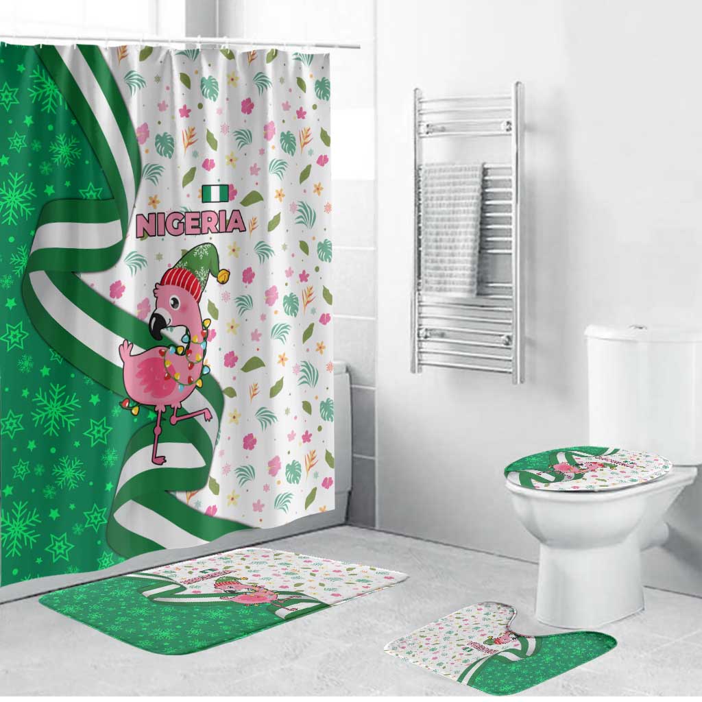 Nigeria Christmas Bathroom Set with Pink Flamingo Tropical Leaves and Festive Lights Design - Wonder Print Shop