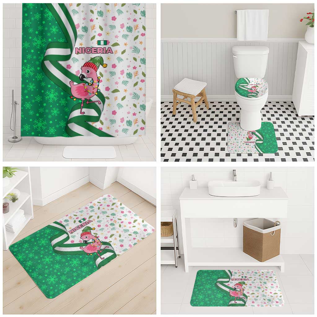 Nigeria Christmas Bathroom Set with Pink Flamingo Tropical Leaves and Festive Lights Design - Wonder Print Shop