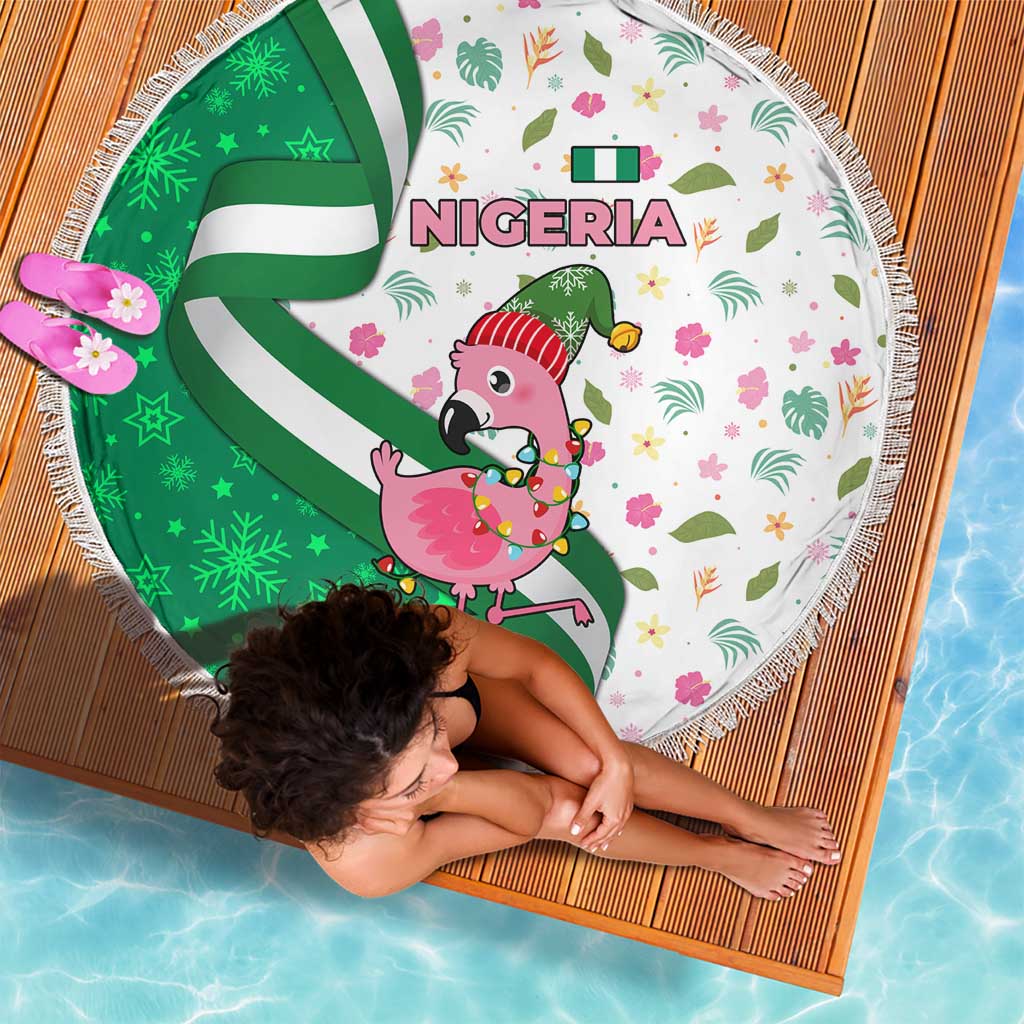 Nigeria Christmas Beach Blanket with Pink Flamingo Tropical Leaves and Festive Lights Design - Wonder Print Shop