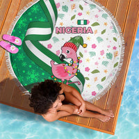 Nigeria Christmas Beach Blanket with Pink Flamingo Tropical Leaves and Festive Lights Design - Wonder Print Shop
