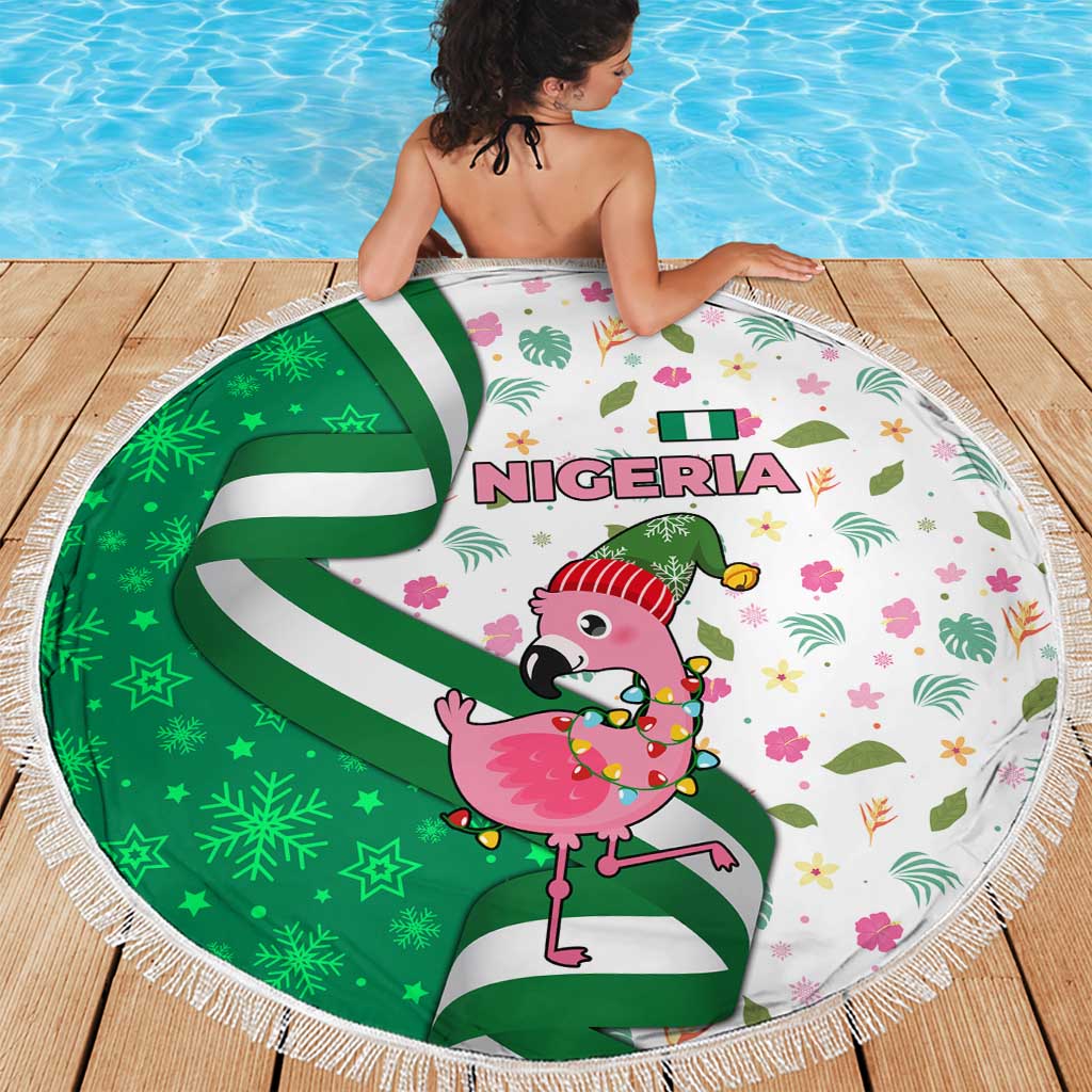 Nigeria Christmas Beach Blanket with Pink Flamingo Tropical Leaves and Festive Lights Design - Wonder Print Shop