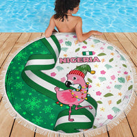 Nigeria Christmas Beach Blanket with Pink Flamingo Tropical Leaves and Festive Lights Design - Wonder Print Shop
