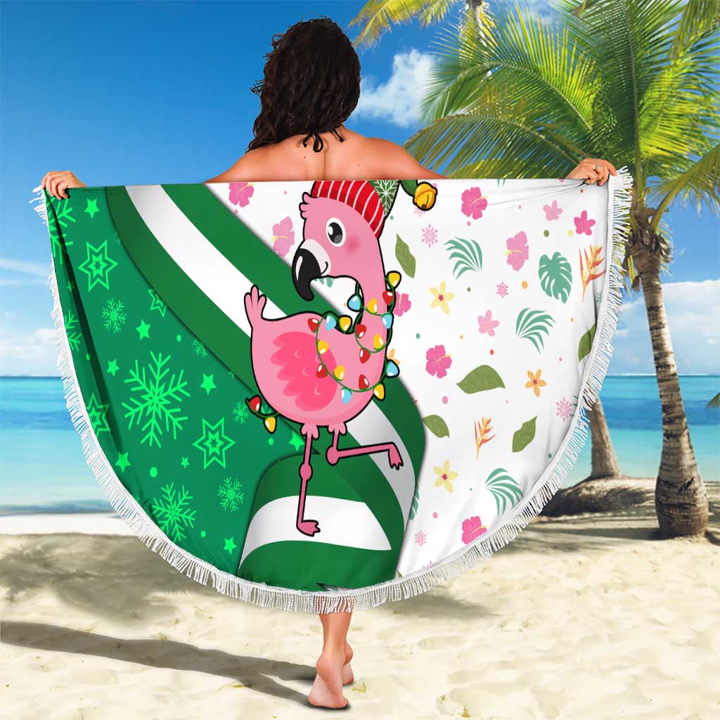 Nigeria Christmas Beach Blanket with Pink Flamingo Tropical Leaves and Festive Lights Design - Wonder Print Shop