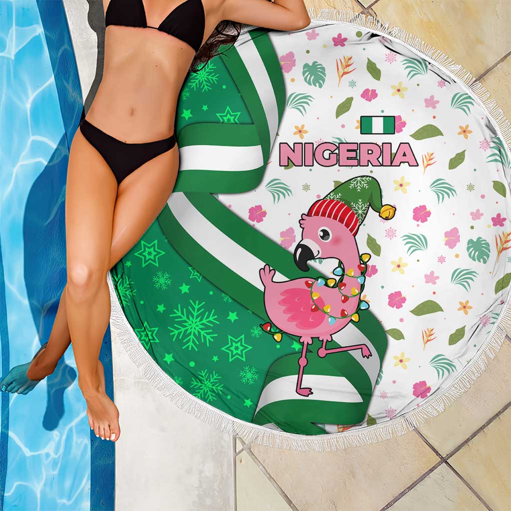 Nigeria Christmas Beach Blanket with Pink Flamingo Tropical Leaves and Festive Lights Design - Wonder Print Shop
