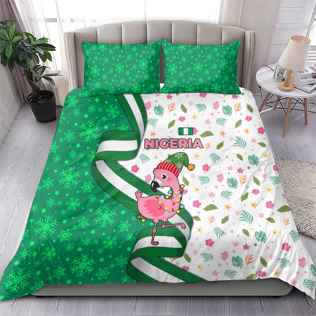 Nigeria Christmas Bedding Set with Pink Flamingo Tropical Leaves and Festive Lights Design - Wonder Print Shop