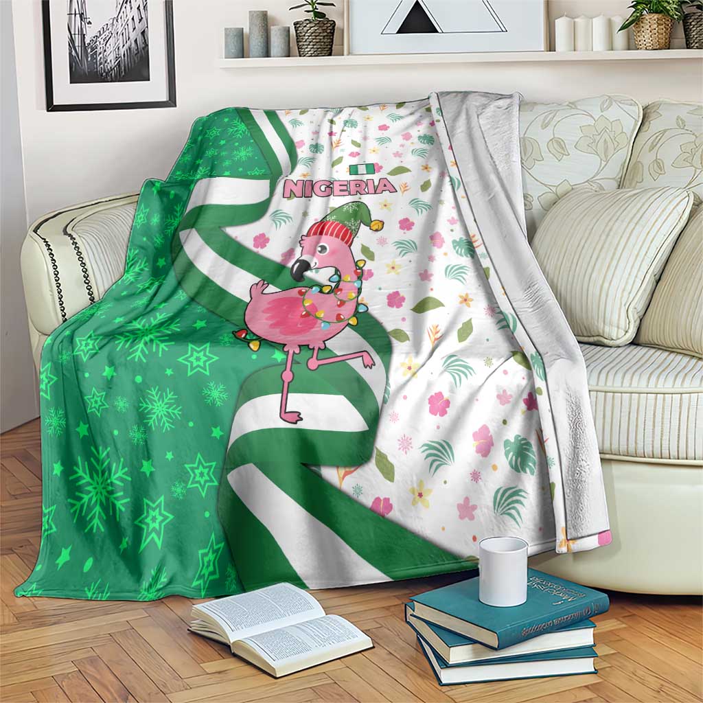 Nigeria Christmas Blanket with Pink Flamingo Tropical Leaves and Festive Lights Design - Wonder Print Shop