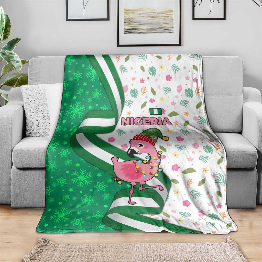 Nigeria Christmas Blanket with Pink Flamingo Tropical Leaves and Festive Lights Design - Wonder Print Shop