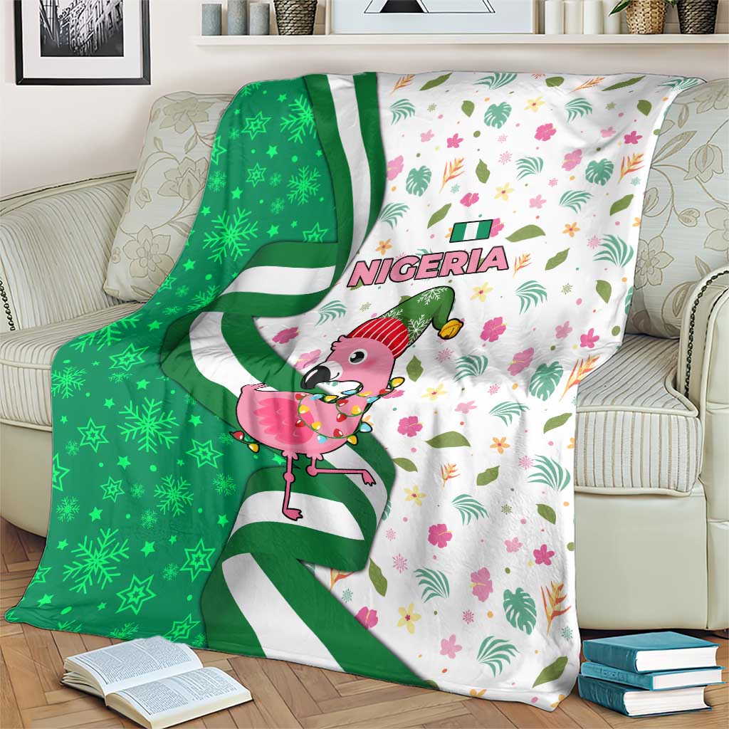 Nigeria Christmas Blanket with Pink Flamingo Tropical Leaves and Festive Lights Design - Wonder Print Shop