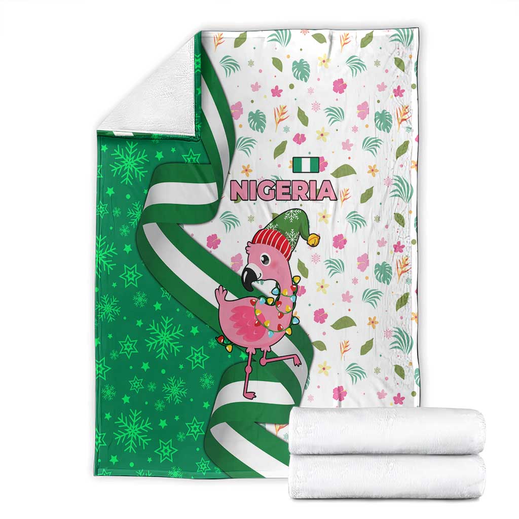 Nigeria Christmas Blanket with Pink Flamingo Tropical Leaves and Festive Lights Design - Wonder Print Shop