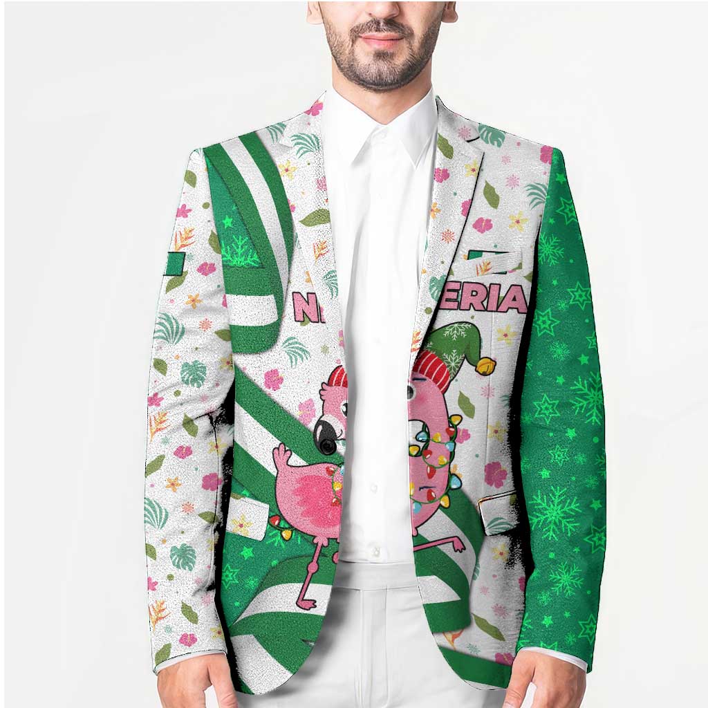 Nigeria Christmas Blazer with Pink Flamingo Tropical Leaves and Festive Lights Design - Wonder Print Shop