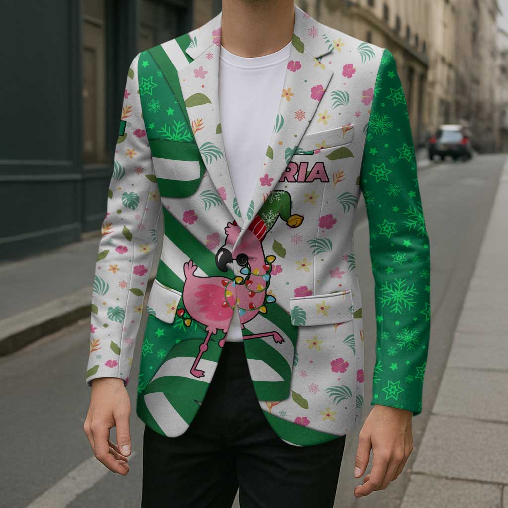 Nigeria Christmas Blazer with Pink Flamingo Tropical Leaves and Festive Lights Design - Wonder Print Shop