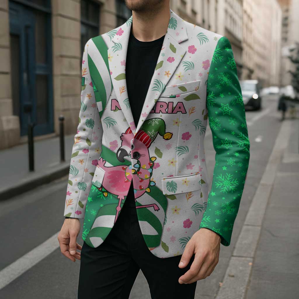 Nigeria Christmas Blazer with Pink Flamingo Tropical Leaves and Festive Lights Design - Wonder Print Shop