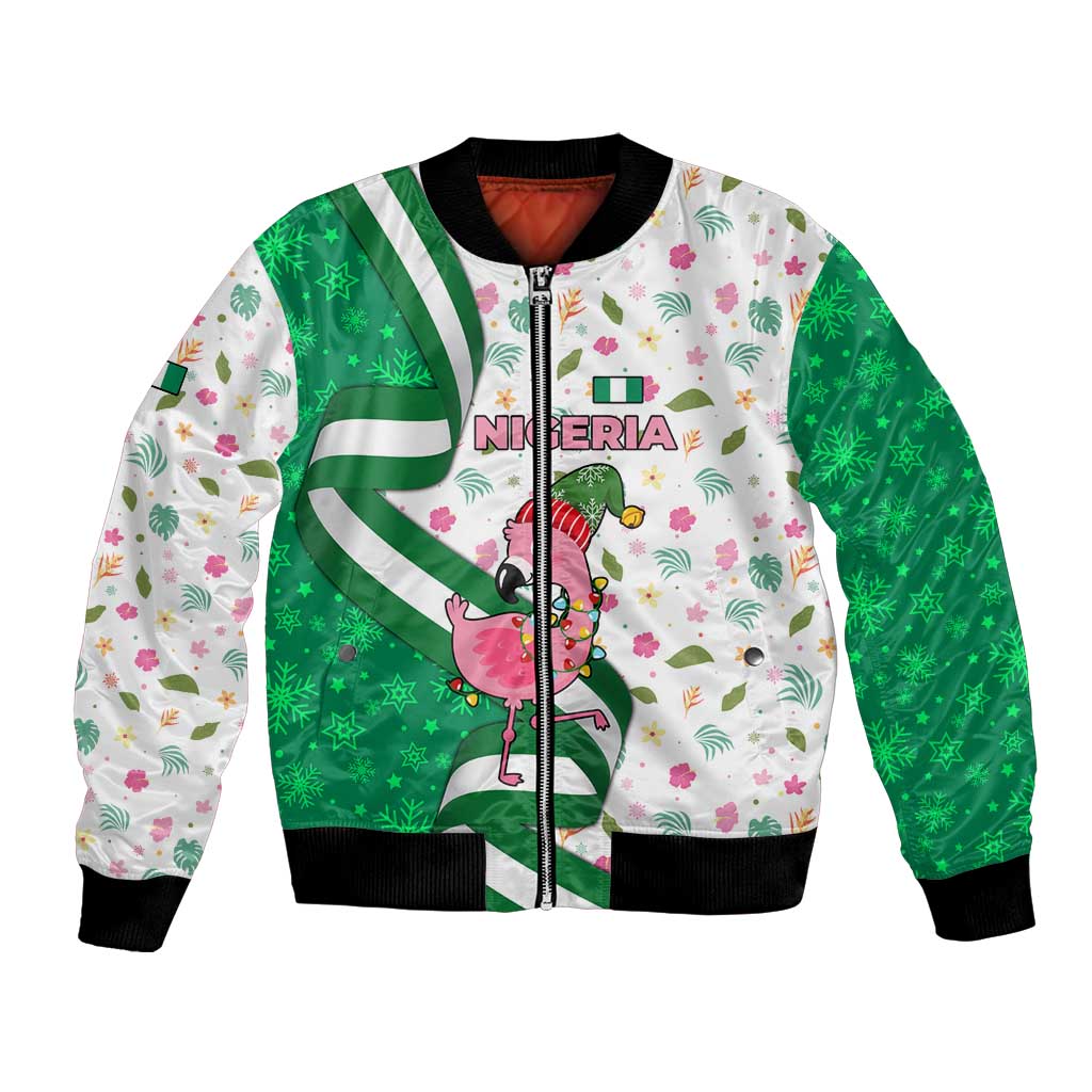 Nigeria Christmas Bomber Jacket with Pink Flamingo Tropical Leaves and Festive Lights Design - Wonder Print Shop
