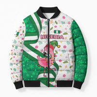 Nigeria Christmas Bomber Puffer Jacket with Pink Flamingo Tropical Leaves and Festive Lights Design - Wonder Print Shop