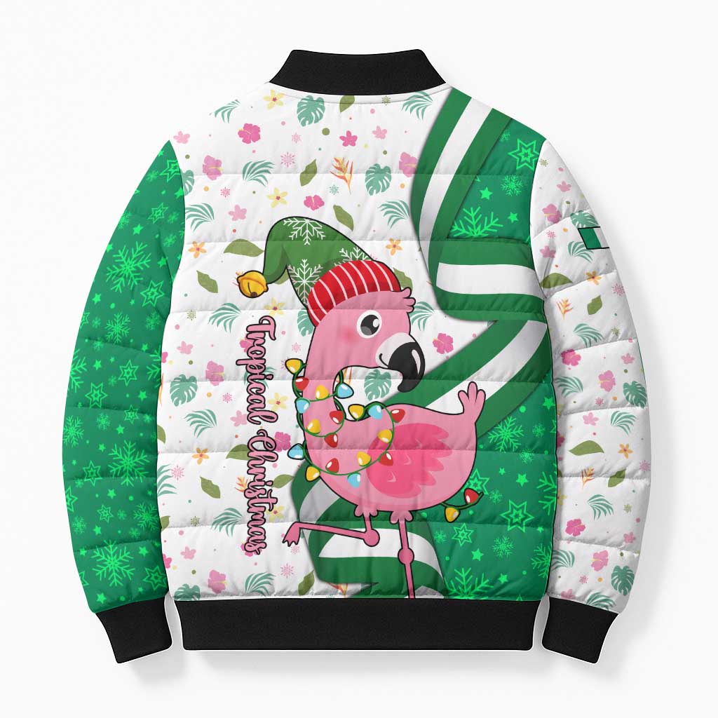 Nigeria Christmas Bomber Puffer Jacket with Pink Flamingo Tropical Leaves and Festive Lights Design - Wonder Print Shop