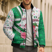 Nigeria Christmas Bomber Puffer Jacket with Pink Flamingo Tropical Leaves and Festive Lights Design - Wonder Print Shop